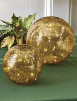 Raz Set Of 2 Gold Mercury Glass Lighted Ball Christmas Decoration 4222802