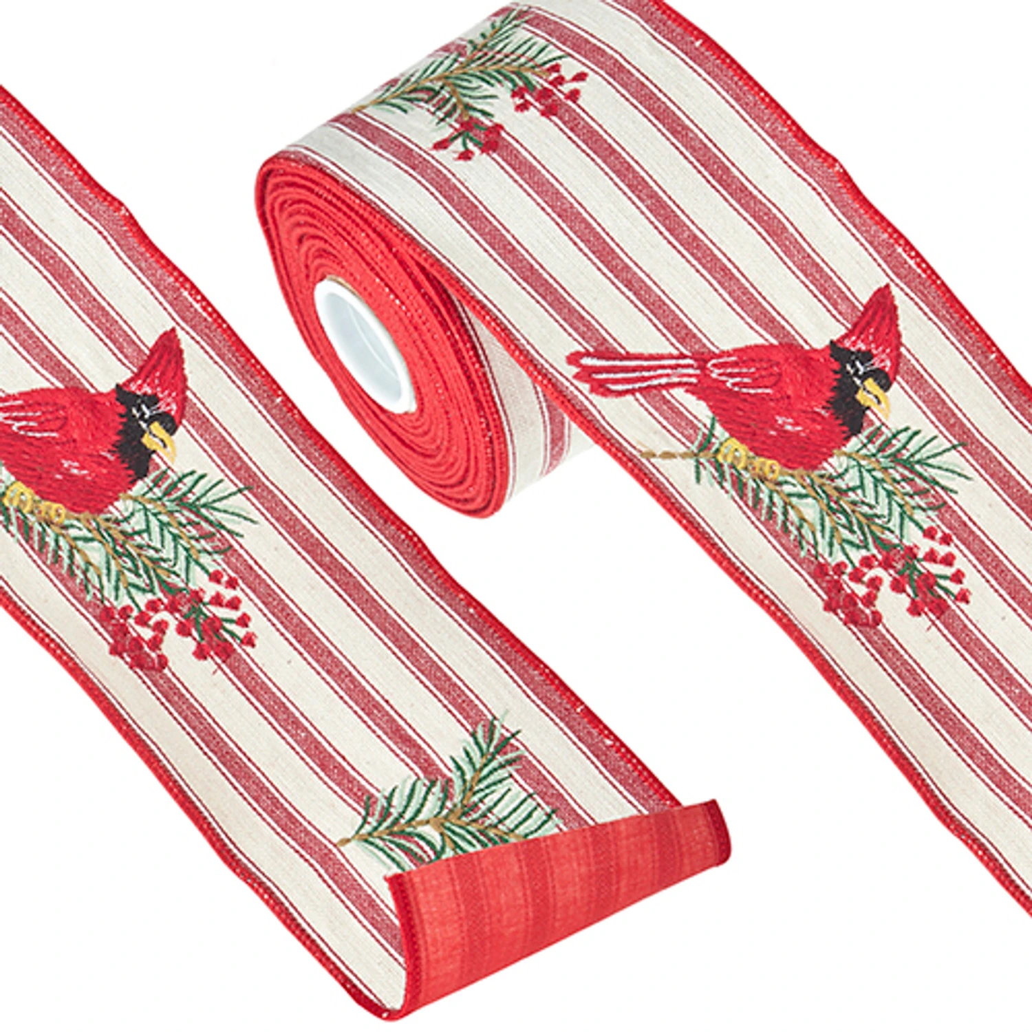 Raz 4" Ticking Stripe Cardinal Embroidered Wired Christmas Ribbon R4227725 2 Raz 4" Ticking Stripe Cardinal Embroidered Wired Christmas Ribbon R4227725 - Image 2