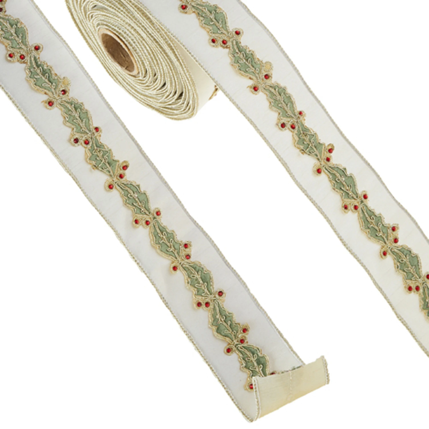 Raz 2.5" Ivory Holly Leaf Wired Christmas Ribbon R4327707 2 Raz 2.5" Ivory Holly Leaf Wired Christmas Ribbon R4327707 - Image 2