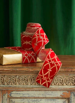 Raz 4" Red And Gold Patterned Wired Christmas Ribbon R4327721