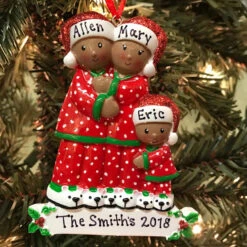 African American Pajama Family Of 3 Personalized Christmas Ornament
