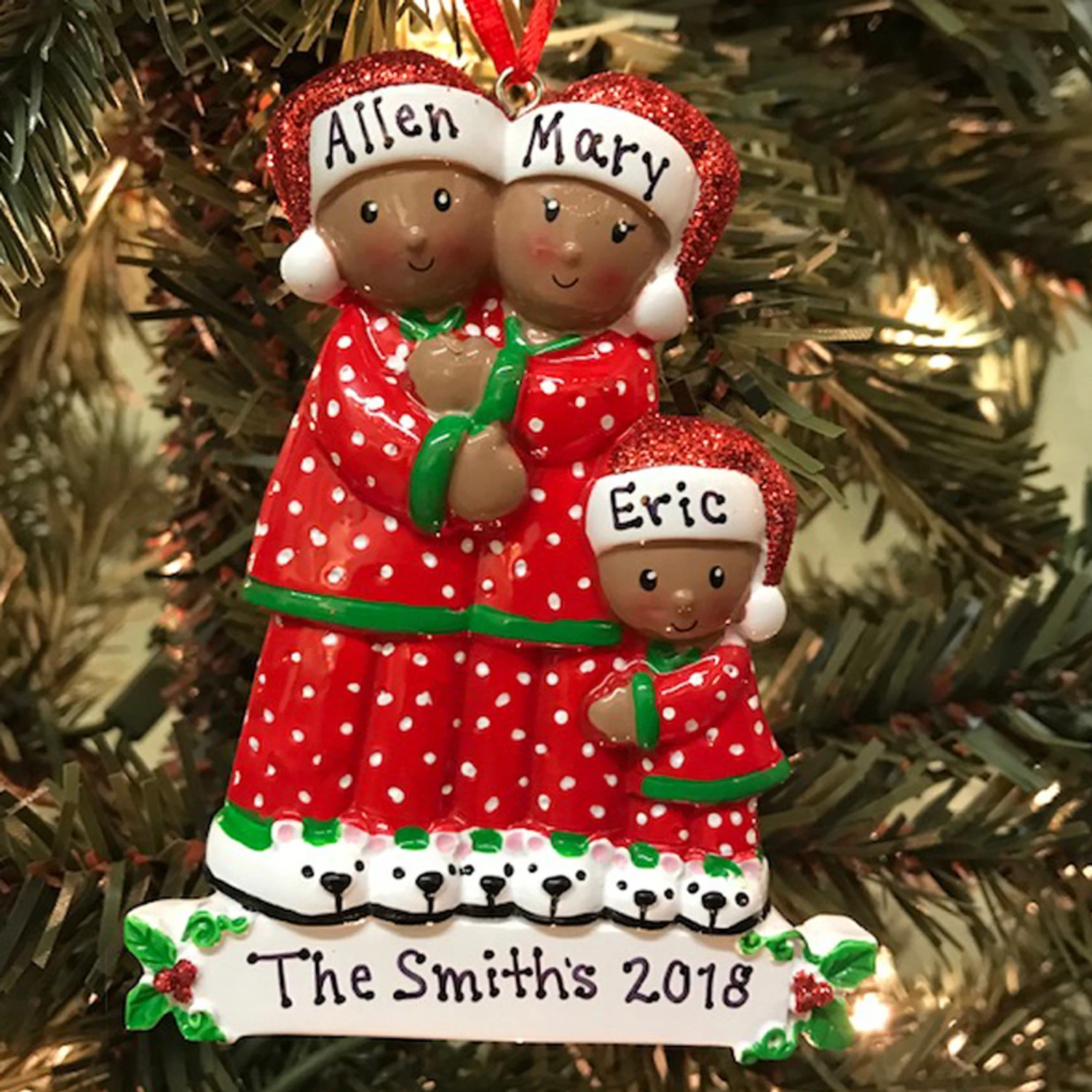 African American Pajama Family Of 3 Personalized Christmas Ornament 1 African American Pajama Family Of 3 Personalized Christmas Ornament