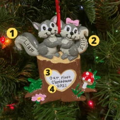 Squirrel Couple On Tree Trunk With Heart Personalized Christmas Ornament OR1890-SQ