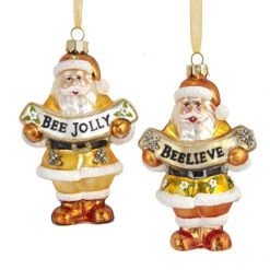 Kurt Adler 4.5" Gold And White Santa With Bee Banner Glass Christmas Ornament T2707