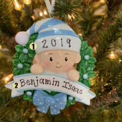 Blue Baby Boy In Wreath Personalized Christmas Ornament OR1746-B