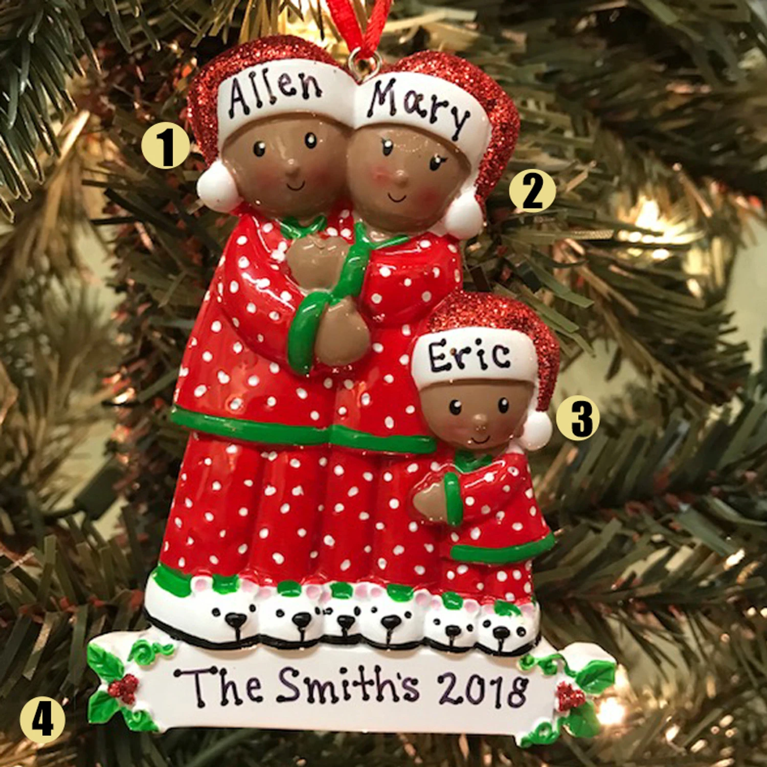 African American Pajama Family Of 3 Personalized Christmas Ornament 2 African American Pajama Family Of 3 Personalized Christmas Ornament - Image 2