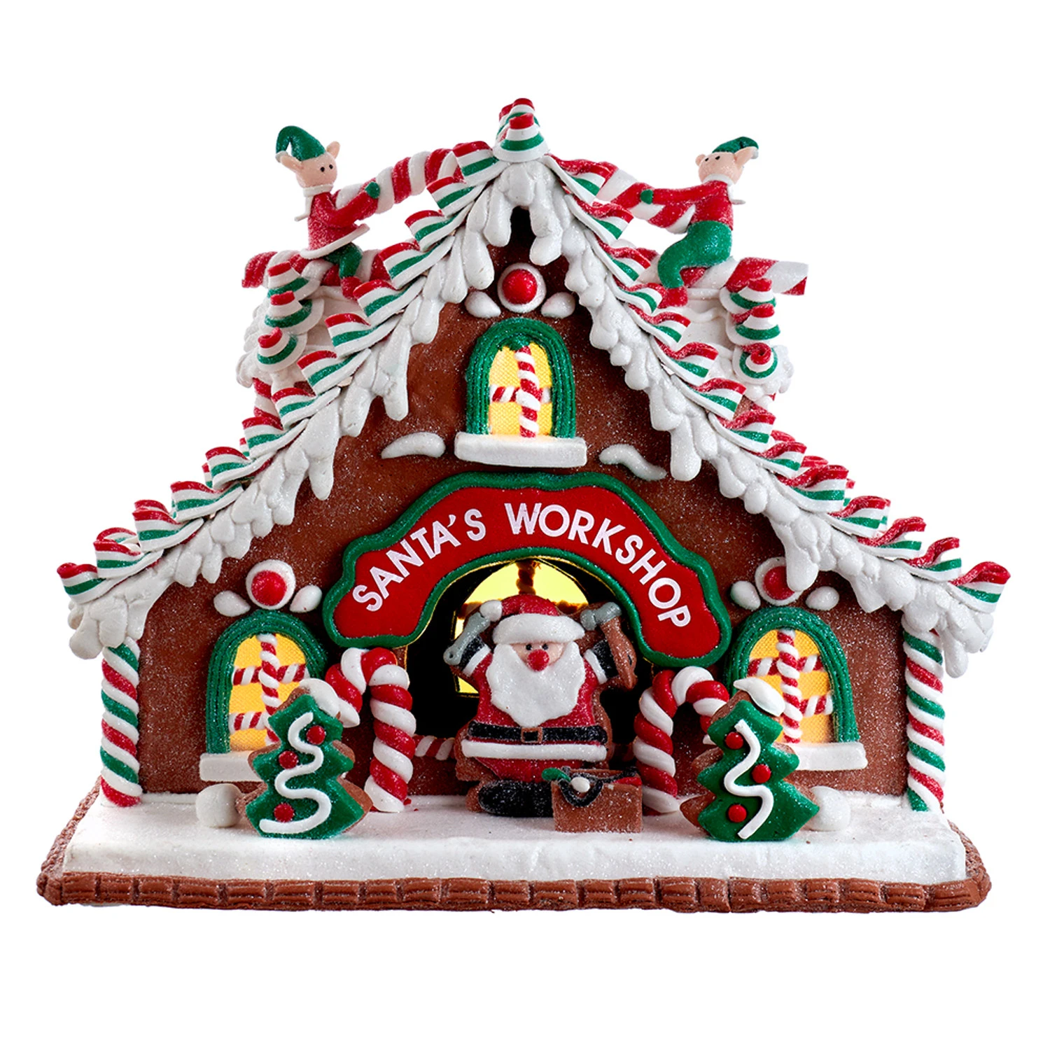 Kurt Adler 10.5" Battery Operated Lighted Santa's Workshop Gingerbread Christmas House GBJ0039 1 Kurt Adler 10.5" Battery Operated Lighted Santa's Workshop Gingerbread Christmas House GBJ0039